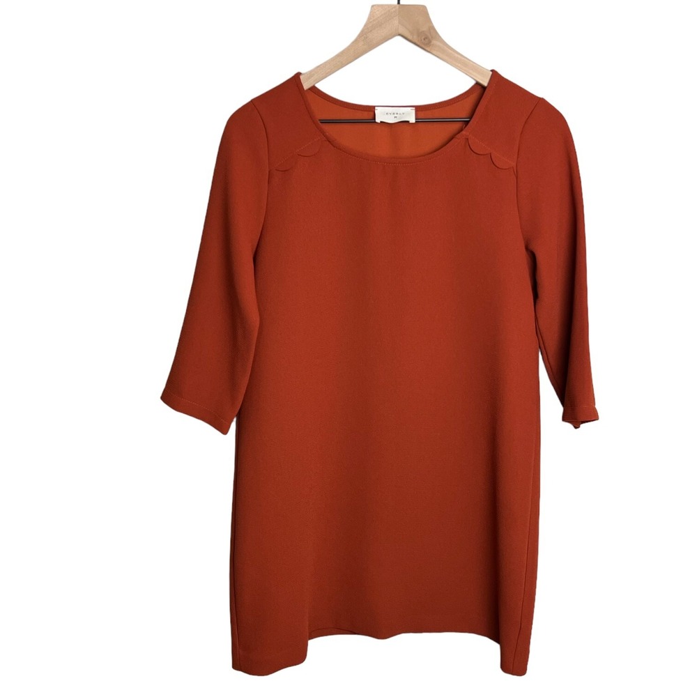 Everly Women Small Shift Dress Burnt Orange Scallop‎ Trim 3/4 Sleeve DR6206